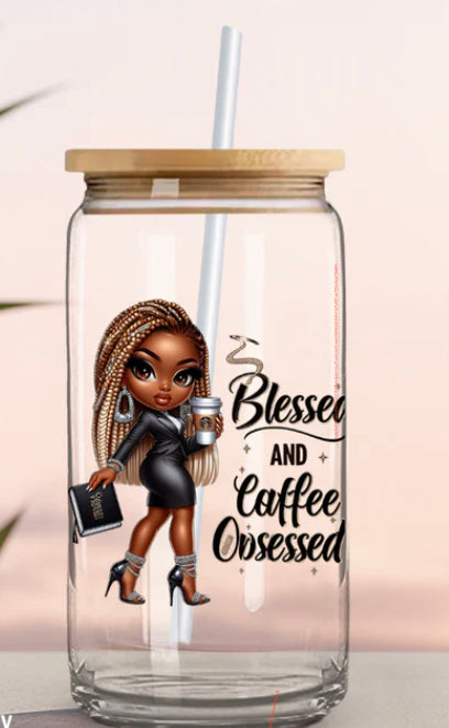 Blessed & Coffee Obsessed Glass Tumbler